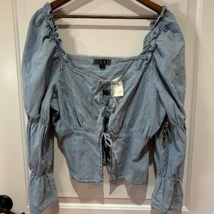 TAXI Denim Blue Peasant Top XL Puff Sleeve Boho Tie Front NWT